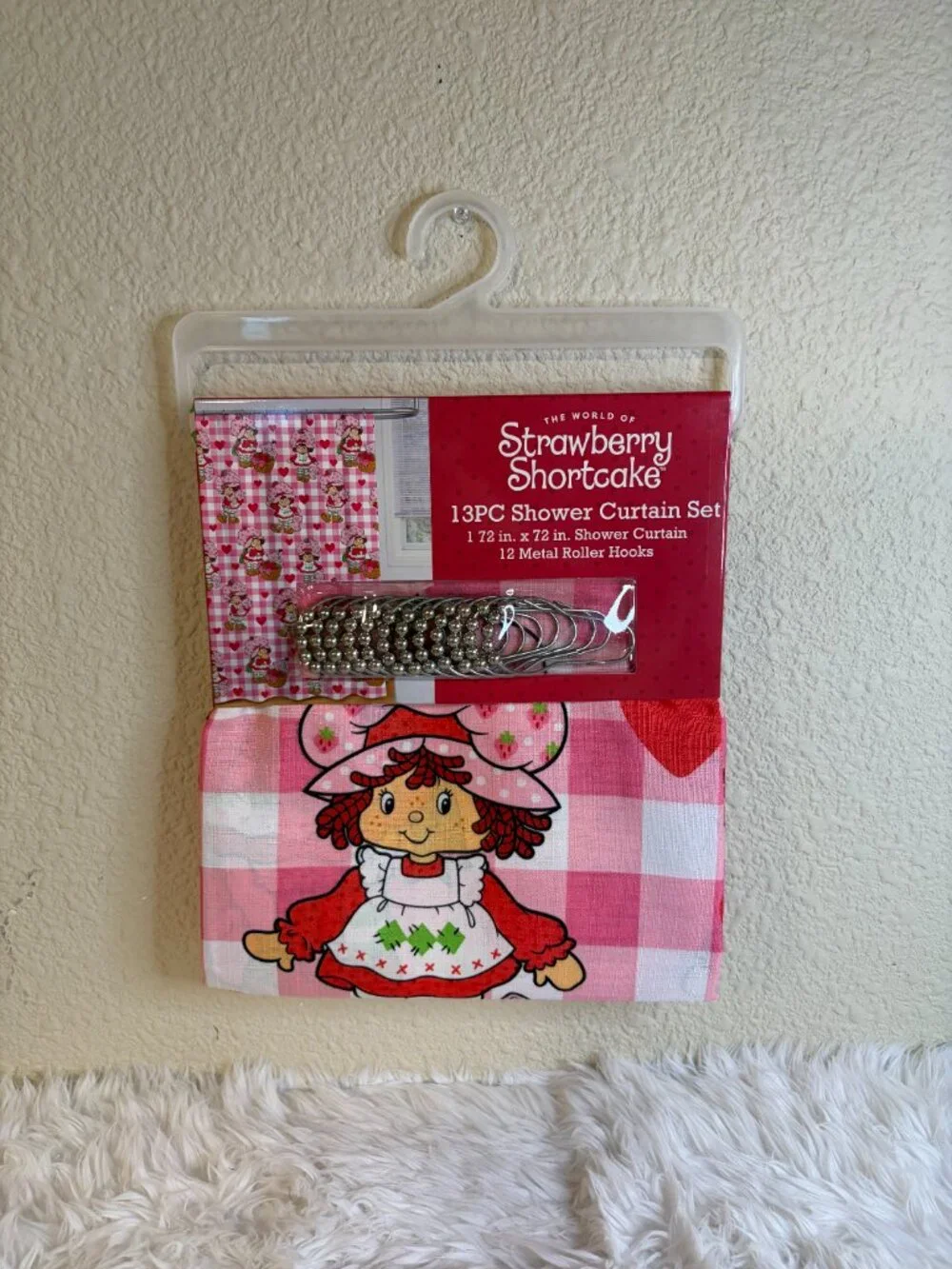 Strawberry Shortcake Shower Curtain Set Pink Gingham Hearts 72x72 NWT